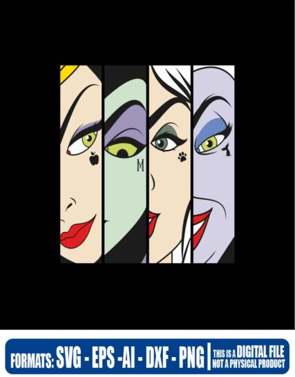 Disney Villains faces, disney, villains, Snow White, the little Mermaid, cricut, eps, svg, pdf, png, file cut, t-shirt, file art, Multipurpose, svg, cut, dxf, eps, ai, cricut, silhouette, plotter, vinyl, decal, sticker, wall decor, tshirt, Cricut Cutting Machine