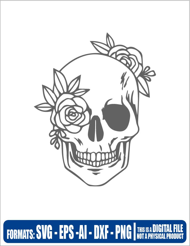 Skull with flowers, cricut, eps, svg, pdf, png, file cut, t-shirt, file art, Multipurpose, svg, cut, dxf, eps, ai, cricut, silhouette, plotter, vinyl, decal, sticker, wall decor, tshirt, Cricut Cutting Machine