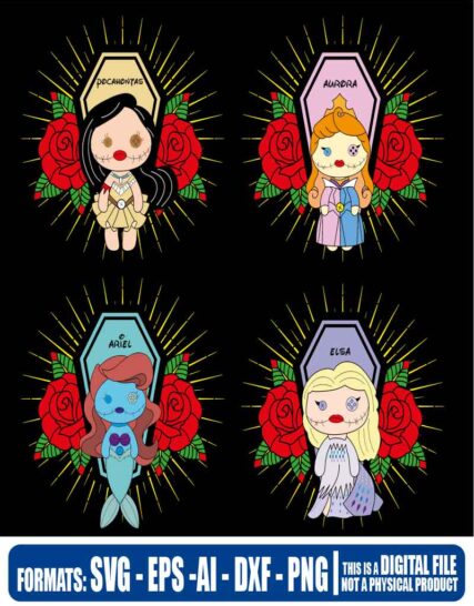 Princess disney coffin halloween, mexican, mexicano, dia de los muertos, princesas disney, cricut, eps, svg, pdf, png, file cut, t-shirt, file art, Multipurpose, svg, cut, dxf, eps, ai, cricut, silhouette, plotter, vinyl, decal, sticker, wall decor, tshirt, Cricut Cutting Machine