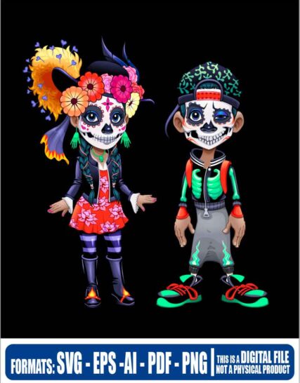 Dia de los muertos pareja niño y niña, halloween, svg, cricut, eps, svg, pdf, png, file cut, t-shirt, file art, Multipurpose, svg, cut, dxf, eps, ai, cricut, silhouette, plotter, vinyl, decal, sticker, wall decor, tshirt, Cricut Cutting Machine, Scalable Vector Graphics