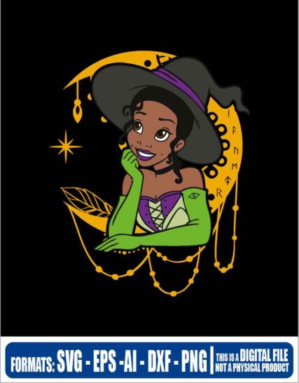 Halloween moon witch princess tiana, tiana and the frog, svg, cricut, eps, svg, pdf, png, file cut, t-shirt, file art, Multipurpose, svg, cut, dxf, eps, ai, cricut, silhouette, plotter, vinyl, decal, sticker, wall decor, tshirt, Cricut Cutting Machine, Scalable Vector Graphics