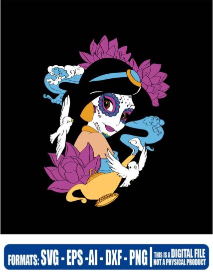 Halloween princess jazmin mexican, calavera mexicana, dia de los muertos, princesa jazmin, svg, cricut, eps, svg, pdf, png, file cut, t-shirt, file art, Multipurpose, svg, cut, dxf, eps, ai, cricut, silhouette, plotter, vinyl, decal, sticker, wall decor, tshirt, Cricut Cutting Machine, Scalable Vector Graphics