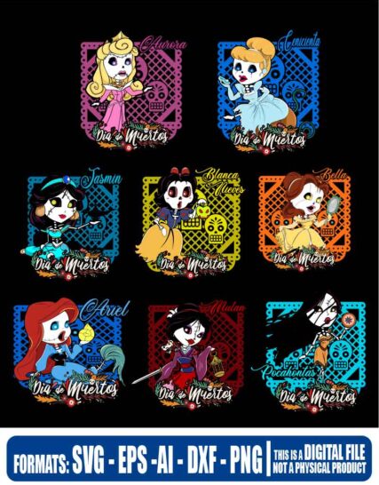 Princesas disney dia de muertos, svg, cricut, eps, svg, pdf, png, file cut, t-shirt, file art, Multipurpose, svg, cut, dxf, eps, ai, cricut, silhouette, plotter, vinyl, decal, sticker, wall decor, tshirt, Cricut Cutting Machine, Scalable Vector Graphics